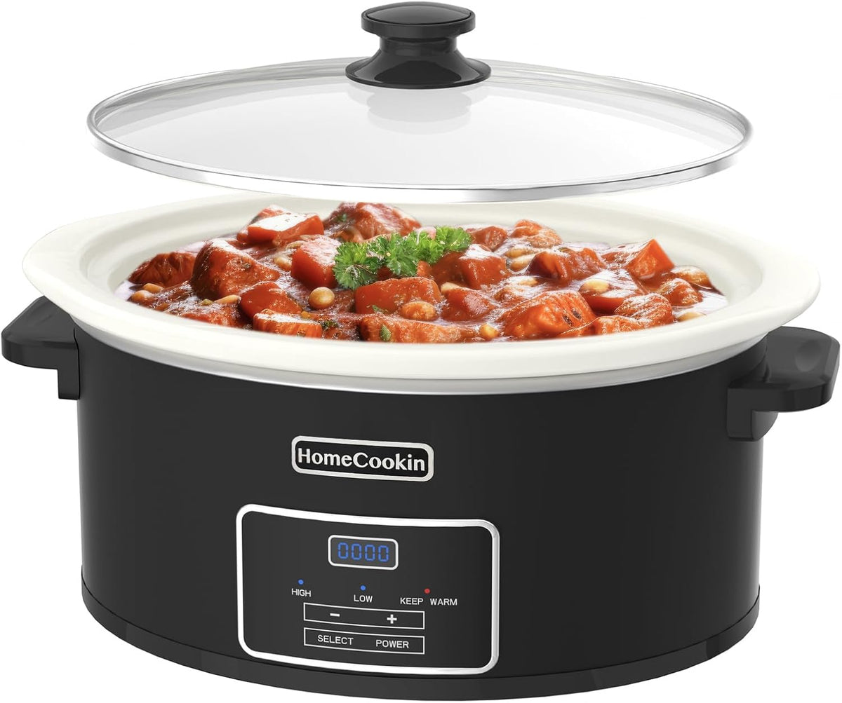 HOMECOOKIN 8-Quart Programmable Slow Cooker with Timer Keep Warm - Small Kitchen Appliance for Family Dinners - Serves 6+ People (Black)