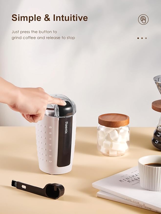 Coffee Grinder, Electric Coffee Grinder with 3.5Oz Large capacity, One-Touch Coffee and Spice Grinder with Stainless Blade, Cleaner Brush And Spoon for Home Use (White)