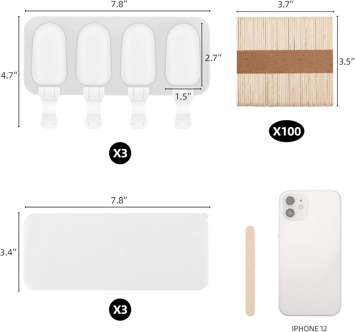 3 Set Samll Popsicles Molds with Lids and 100 Pieces Wooden Popsicles Sticks, 4 Cavities Silicone Ice Cream Molds for Making Cakesicles, Cake Pops, Ice Cream - BPA Free