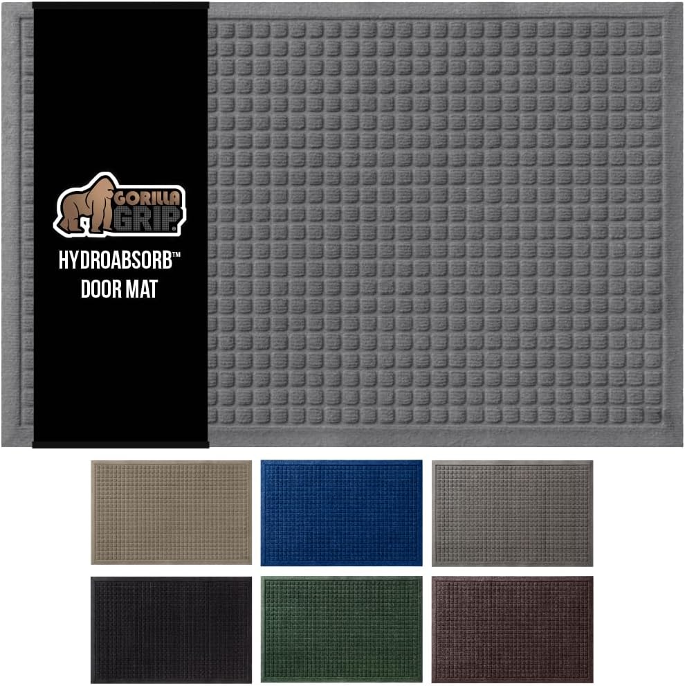 GORILLA GRIP Front Door Mat, 47x35, Indoor Outdoor Ultra Absorbent HydroAbsorb Doormat, Absorbs Up to 6 Cups of Water, Stain and Fade Resistant, Rubber Backing Doormats, Captures Dirt, Gray
