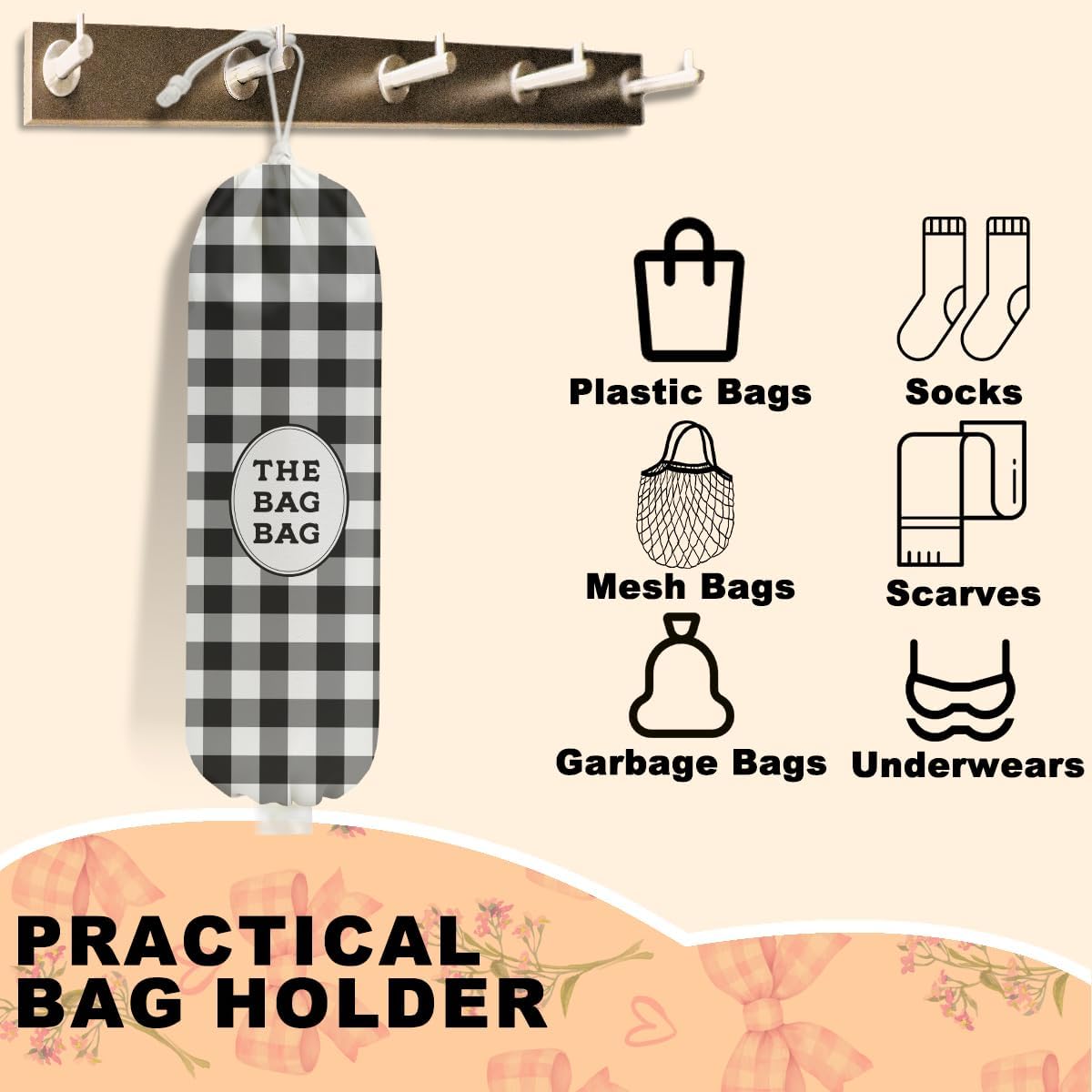 Black White Buffalo Check Plaid Plastic Bag Holder for Kitchen Essentials, Wall Mount Grocery Bag Holder for Plastic Bags, Minimalist Reusable Grocery Bags Storage Dispenser for Home Kitchen Farmhouse
