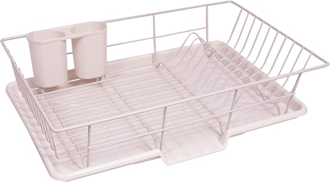 Space-Saving 3-Piece Dish Drainer Rack Set: Efficient Kitchen Organizer for Quick Drying and Storage - Includes Cutlery Holder and Drainboard - Maximize Countertop Space, Pale Pink