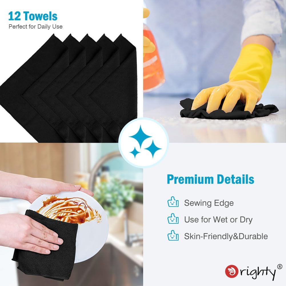 Orighty Microfiber Cleaning Cloth, 12 Pack Highly Absorbent Cleaning Supplies, Lint Free Cloths for Multiple-use, Powerful Dust Removal Clean Rags for House, Kitchen, Car Care(12x12 inch) Black