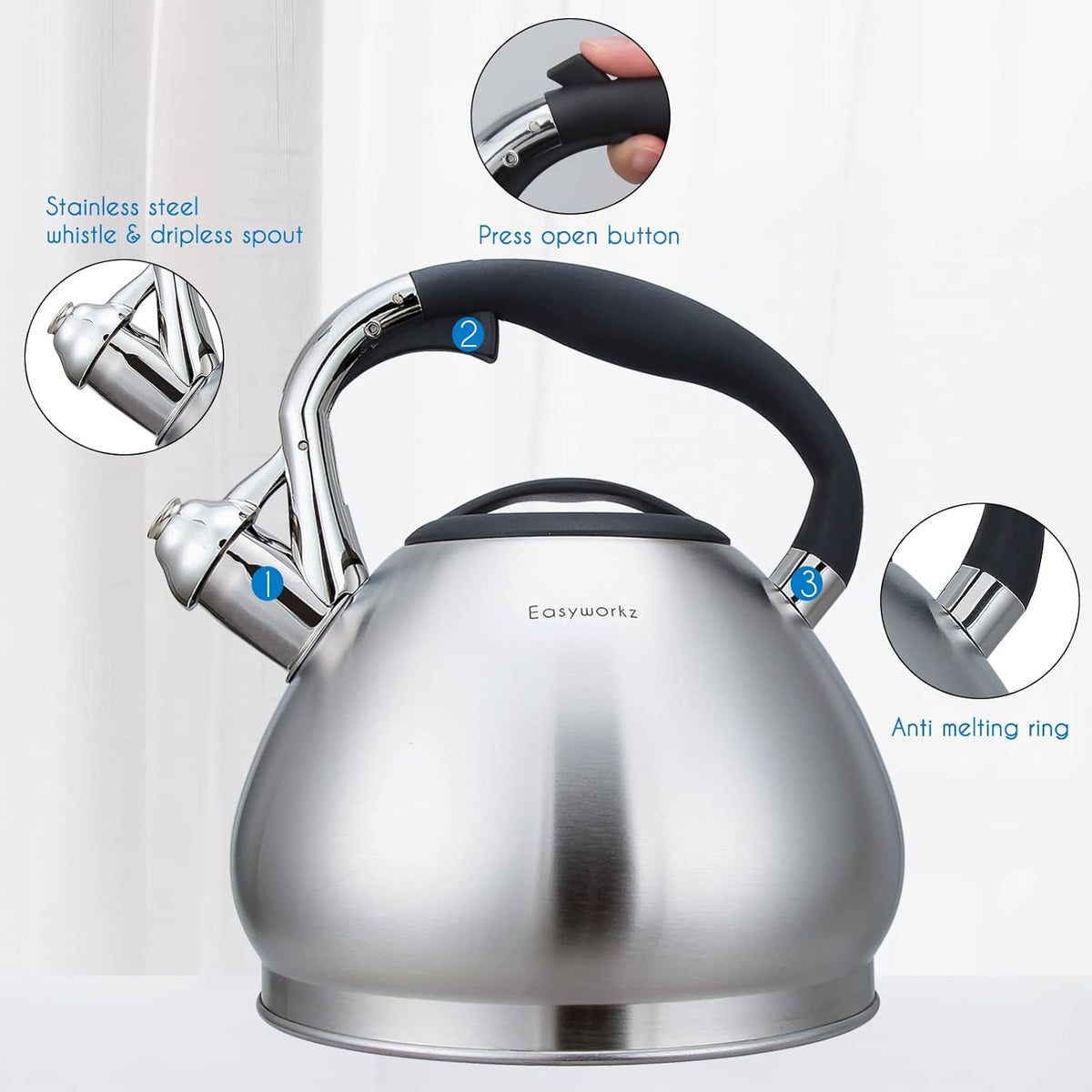 Easyworkz Whistling Stovetop Tea Kettle Food Grade Stainless Steel Hot Water Tea Pot With Loud Whistle, 2.4 Quart(2.3l)
