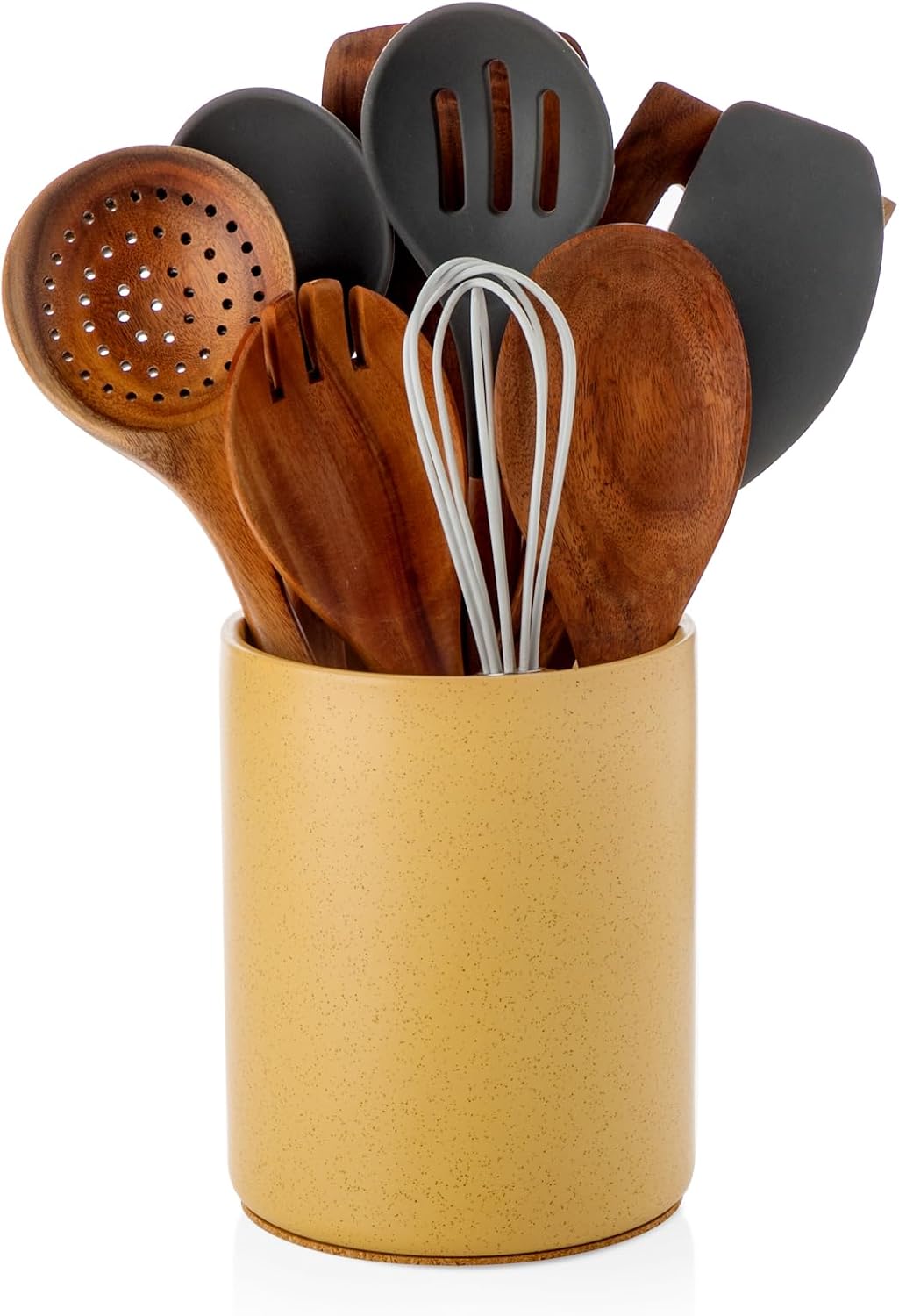 Nucookery Utensil Holder, 6.4" Ceramic Kitchen Utensil Holder for Countertop with Protection Cork Bottom, Vintage Farmhouse Kitchen Decor for Counter (Yellow Sand)