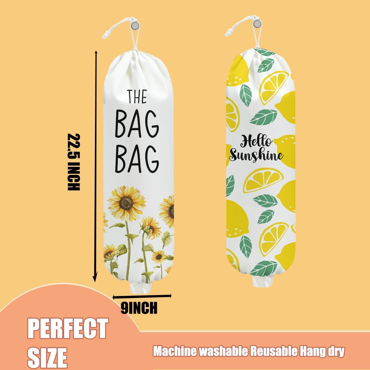 2 Pcs Sunflower Plastic Bag Holder, Lemon grocery bag holder for plastic Storage bag, Reusable Grocery Bag Organizer with Drawstring, Pull Rope Free Adjustment, Home Kitchen Pantry Decor, 22.5x9 Inch
