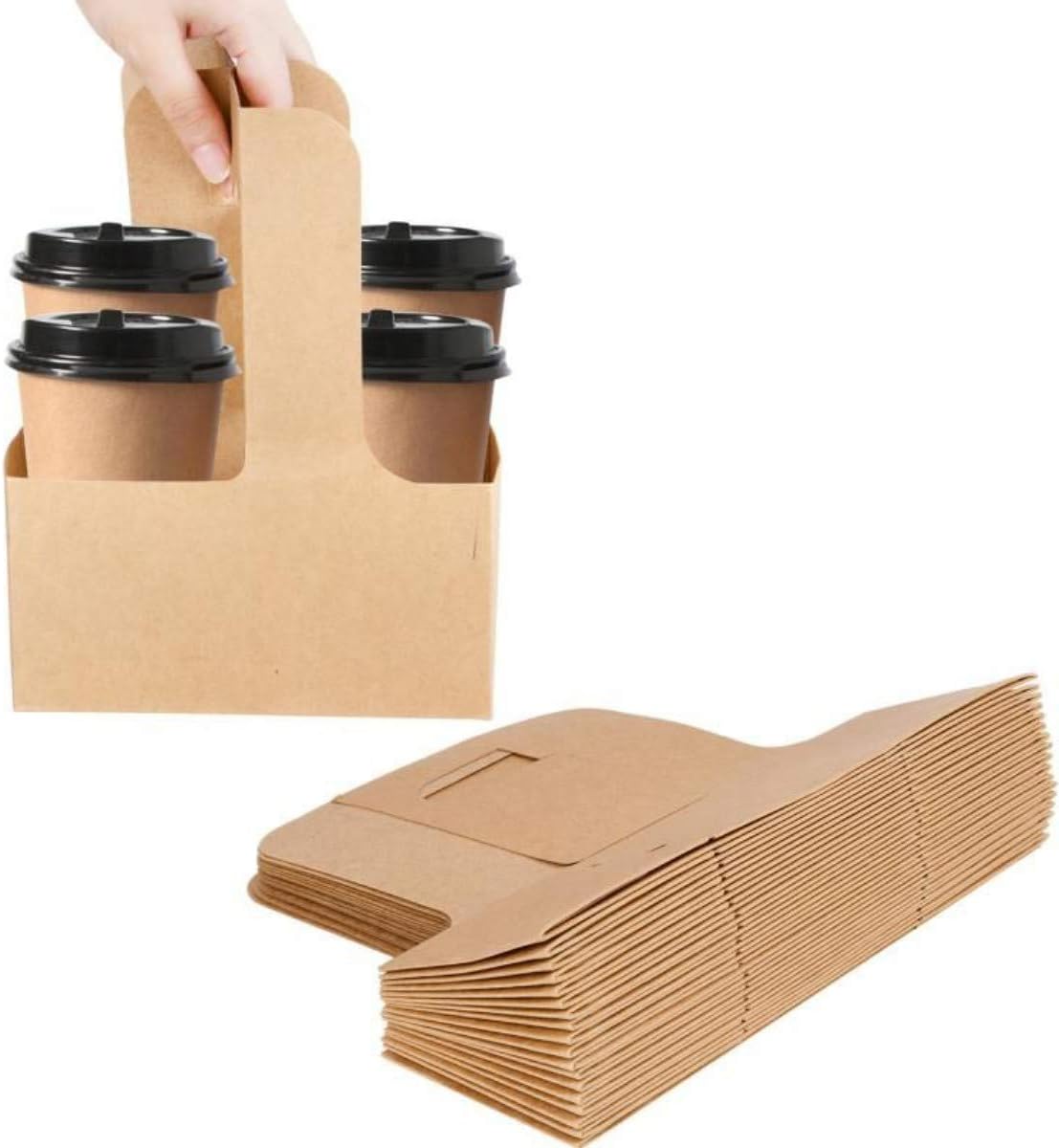 40 Pack Kraft Drink Carrier with Handles - 2 Cups or 4 Cups Assemblable Disposable Paperboard Drink Holders Great for All Your Drink and Food Delivery(2 Cup-40 Pack)