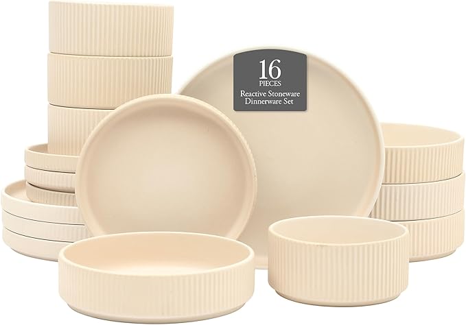 Gibson Elite Deerfield 16-Piece Stoneware Dinnerware Set – Cream White Reactive Glaze Plates and Bowls, Stackable Design, Service for 4 – Dishwasher & Microwave Safe