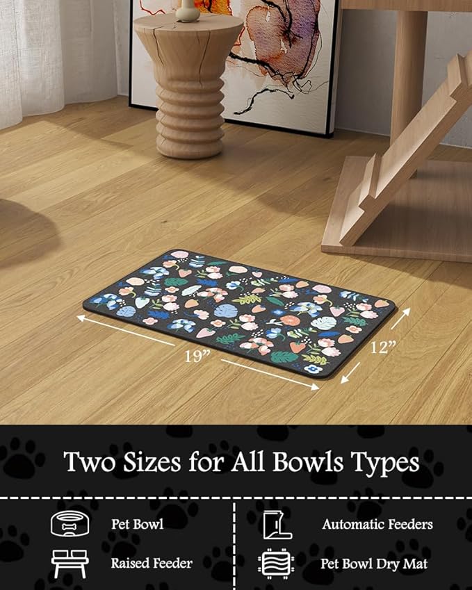 Pet Feeding Mat-Absorbent Dog Mat for Food and Water Bowl-No Stains Quick Dry Water Dispenser Mat-Dog Accessories Pet Supplies-Bowl for Messy Drinkers（DARKFLOWERS,12"x19"
