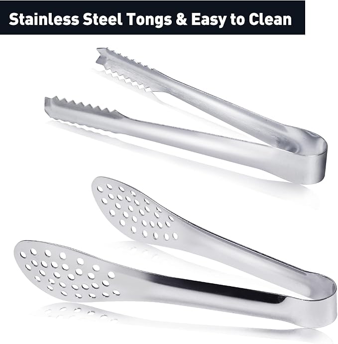 JCREN 12 Pack Mini Tongs - Small Stainless Steel Food Tongs for Serving Appetizers, Tea Party, Coffee, Desserts - 5 inch - Silver