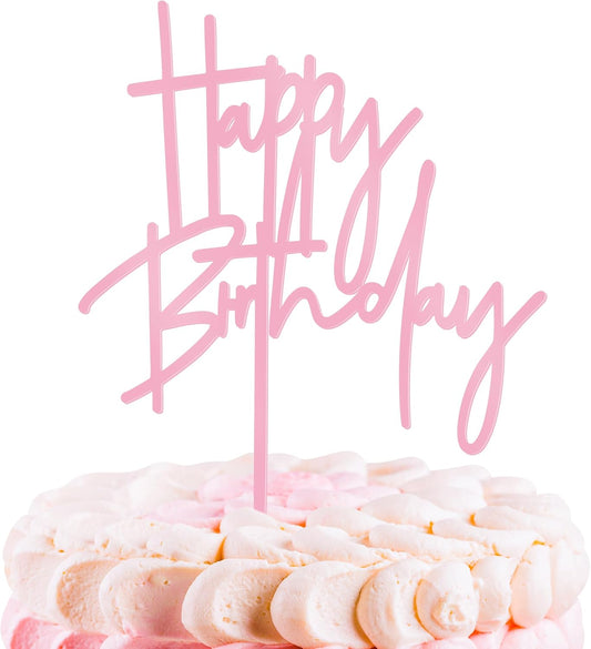 1PCS Pink Birthday Cake Topper, 5.3 x 7.2Inches Happy Birthday Cake Topper, Acrylic Happy Birthday Cake Sign for Children or Adults, Party Cake Desserts Decor and Photo Booth Props