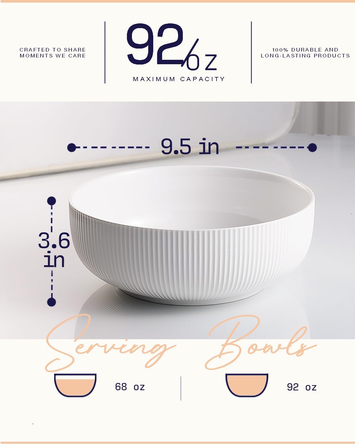 getstar Large Serving Bowls (9.5 inch & 92 fl oz), Ceramic Salad Bowl Set of 2, Microwave and Dishwasher Safe