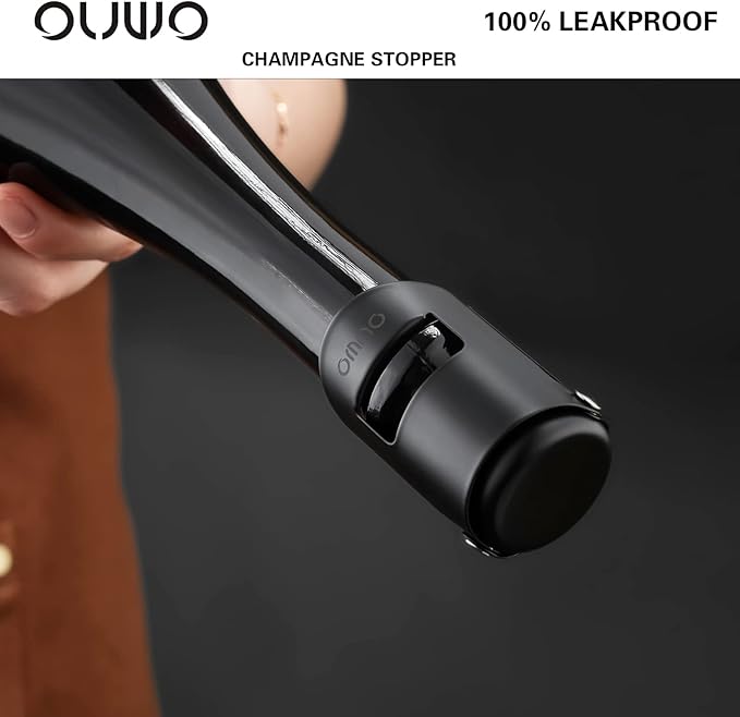 Champagne Sealer Stopper 6 Pack Stainless Steel Sparkling Wine Bottle Stoppers，Leak-Proof Bubble Retaining Saver，Suitable for Champagne Prosecco Cava and Sparkling (Black)
