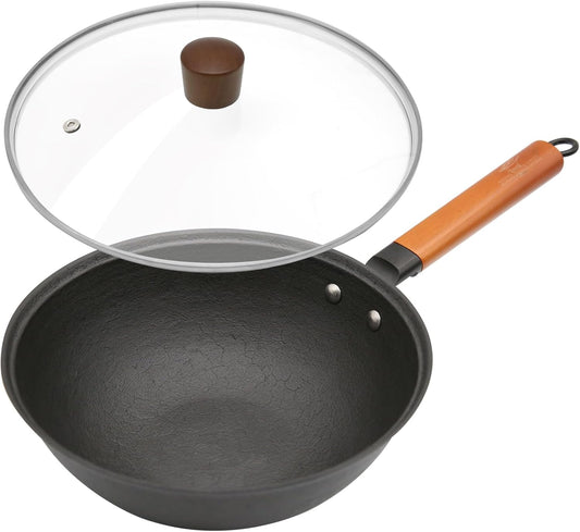 Nonstick Frying Wok Pan Hybrid, 11 Inch Preseasoned Deep Stir Fry Pan Skillet with Glass Lid, Traditional Chinese Cast Iron Wok, No Coated Saucepan for Induction, Electric, Gas, Grill Stoves