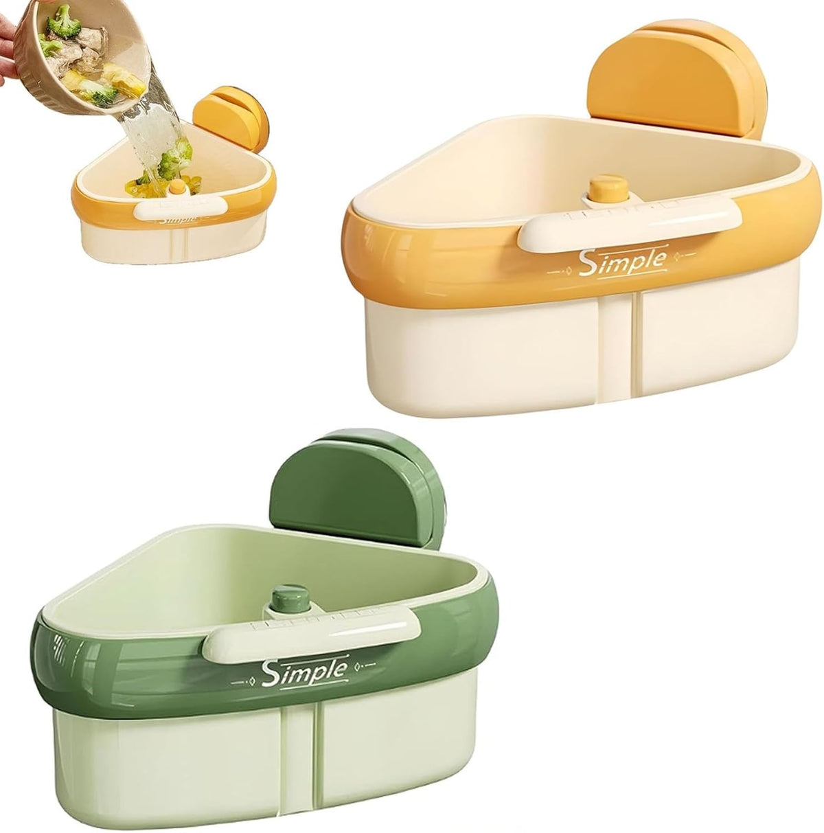 Suction Cup Sink Corner Rack, Curetoaway Corner Sink Strainer, Sink Trash Catcher, Plastic Triangular Baskets Corner Hanging, Rust Resistant, for Kitchen Food Waste (Yellow+Green)