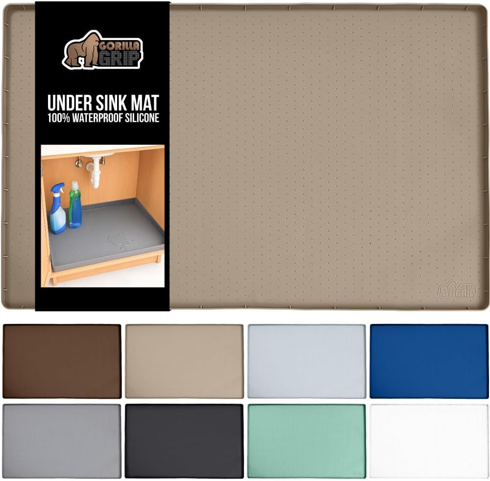 GORILLA GRIP Waterproof Silicone Under Sink Mat with Raised Lip for Kitchen and Bathroom, Cabinet Shelf Liner Stay in Place Mats Dishwasher Safe Drawer Liner, Organizer Tray, 19 x 22 in, Beige