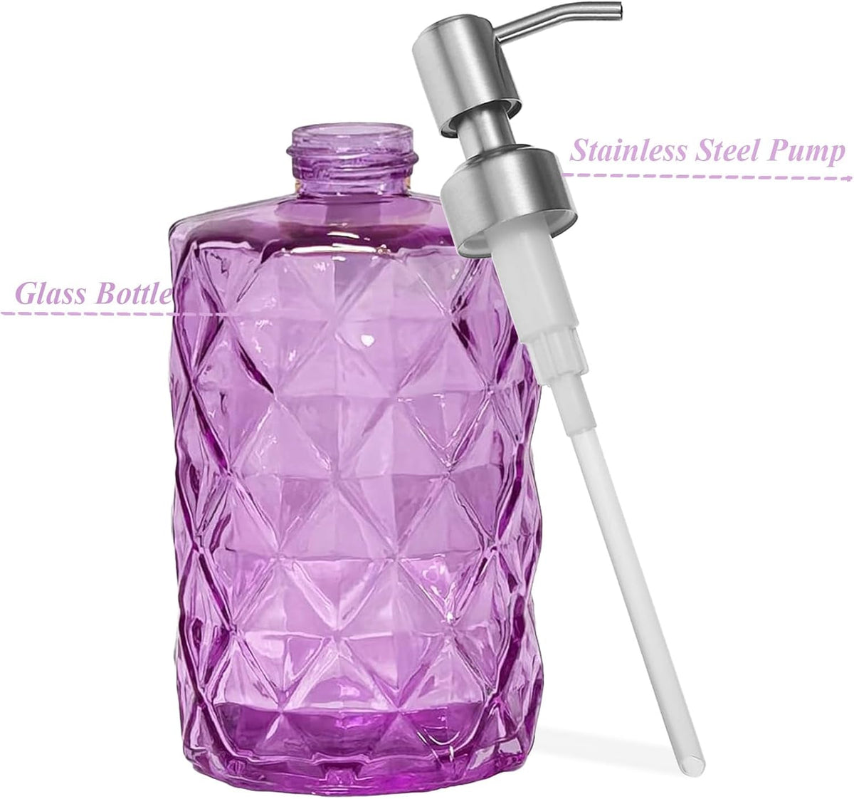12Oz Purple Glass Soap Dispenser with Stainless Steel Pump, Refillable Kitchen Liquid Hand Soap Dispenser with Diamond Design, for Dispense Hand soap, Dish Soap, Lotion, Bathroom, Countertop, Hotel