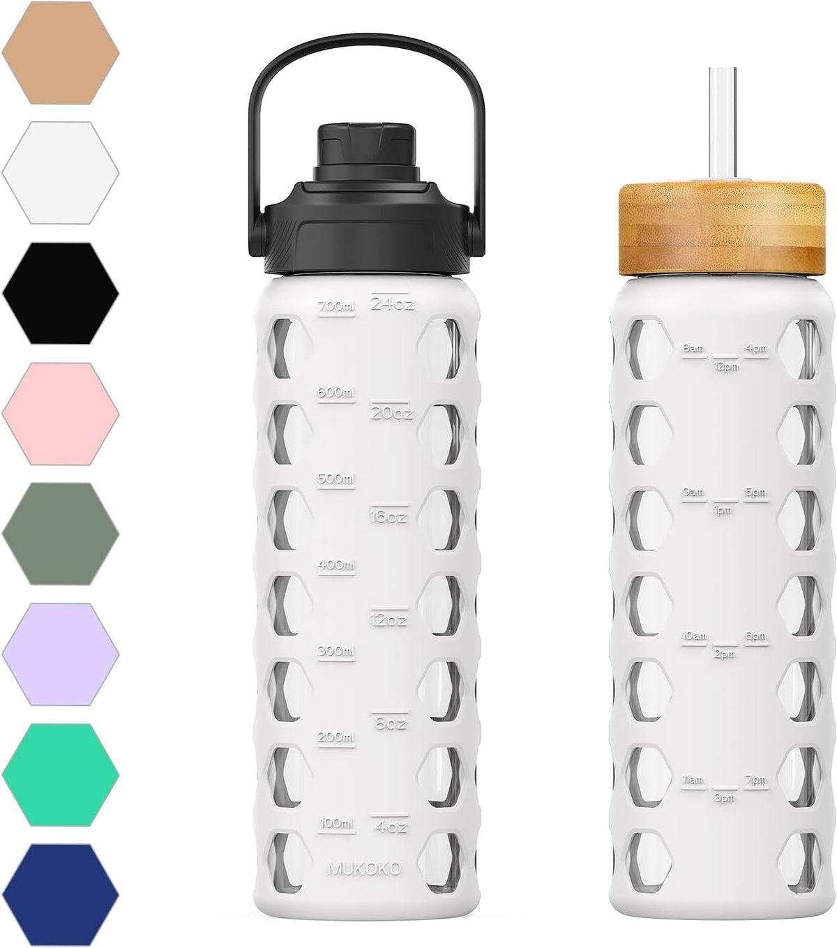 MUKOKO 24oz Glass Water Bottle with 2 Lids-Handle Flip Lid&Bamboo Straw Lid,Motivational Water Tumbler with Time Marker Reminder and Silicone Sleeve, Leakproof-White
