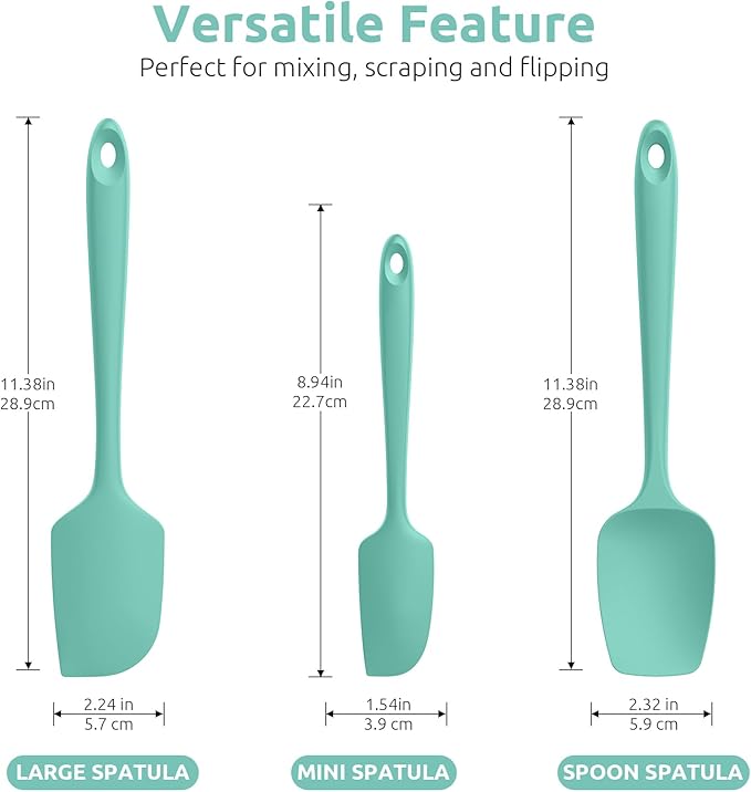 U-Taste Silicone Spatula Set, 600ºF High Heat Resistant, Seamless Food Grade Flexible Rubber Kitchen Cooking Mixing Baking Scraper for Nonstick Cookware Set of 3 (Aqua Sky)