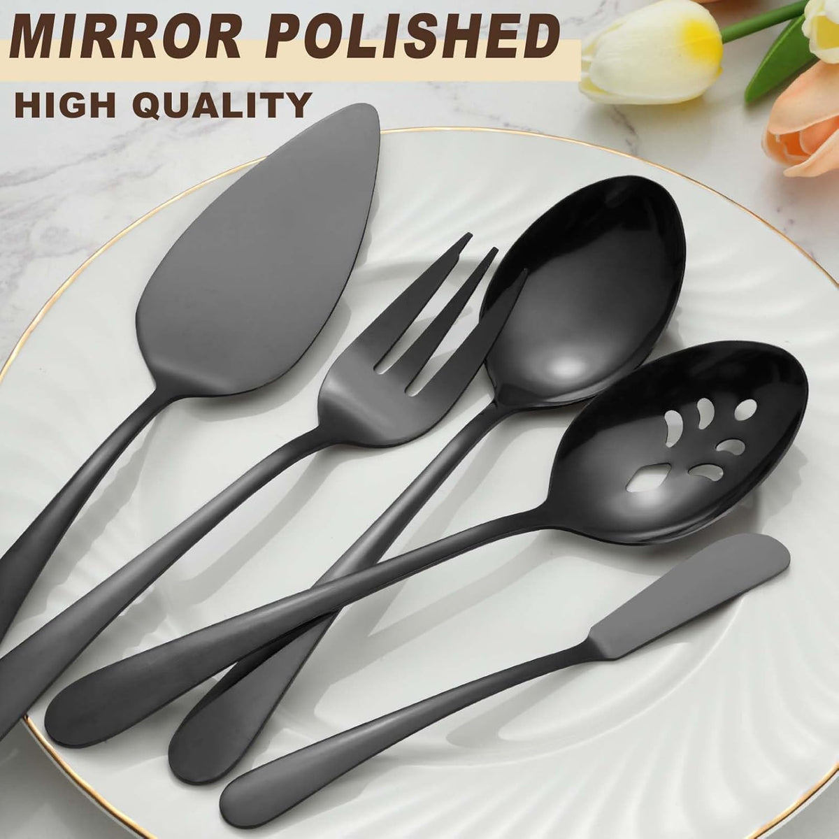 BEWOS Black 20-Piece Serving Set, Black Slotted Spoons & Tongs, Forks, Cake Server & Butter Knife, Stainless Steel, Dishwasher Safe