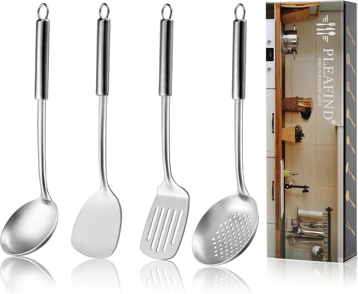 Pleafind 4-Pcs Cooking Utensils Set, Stainless Steel Kitchen Utensils, Wok Utensils Set Include Wok Ladle, Slotted Spoon, Wok Spatula and Slotted Spatula, Dishwasher Safe