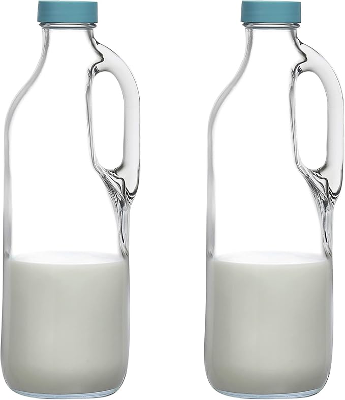 2 Pc 47oz Clear Glass Pitchers with Handles and Lids - Airtight Refrigerator Water Juice Jugs for Kitchen