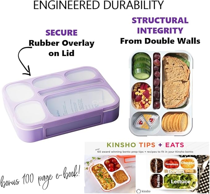 kinsho Glitter Lunch Box Bento-Boxes for Girls, Meal and Snack Containers for Toddler Daycare, School, Travel, 6 Divided Sections, Cute Bentobox, Leak-Resistant, Utensils, Purple Lilac Sparkle
