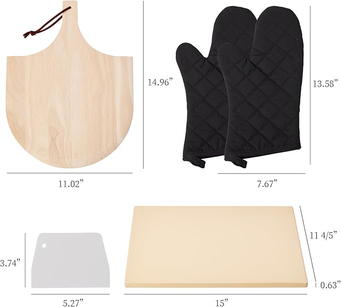 Pizza Stone Set, 15"x12" Rectangular Pizza Stone for Oven Grill BBQ with Wooden Pizza Peel & Oven Mitts, Cordierite Baking Stone for Bread, Unique Built-in 4 Handles Cooking Stone