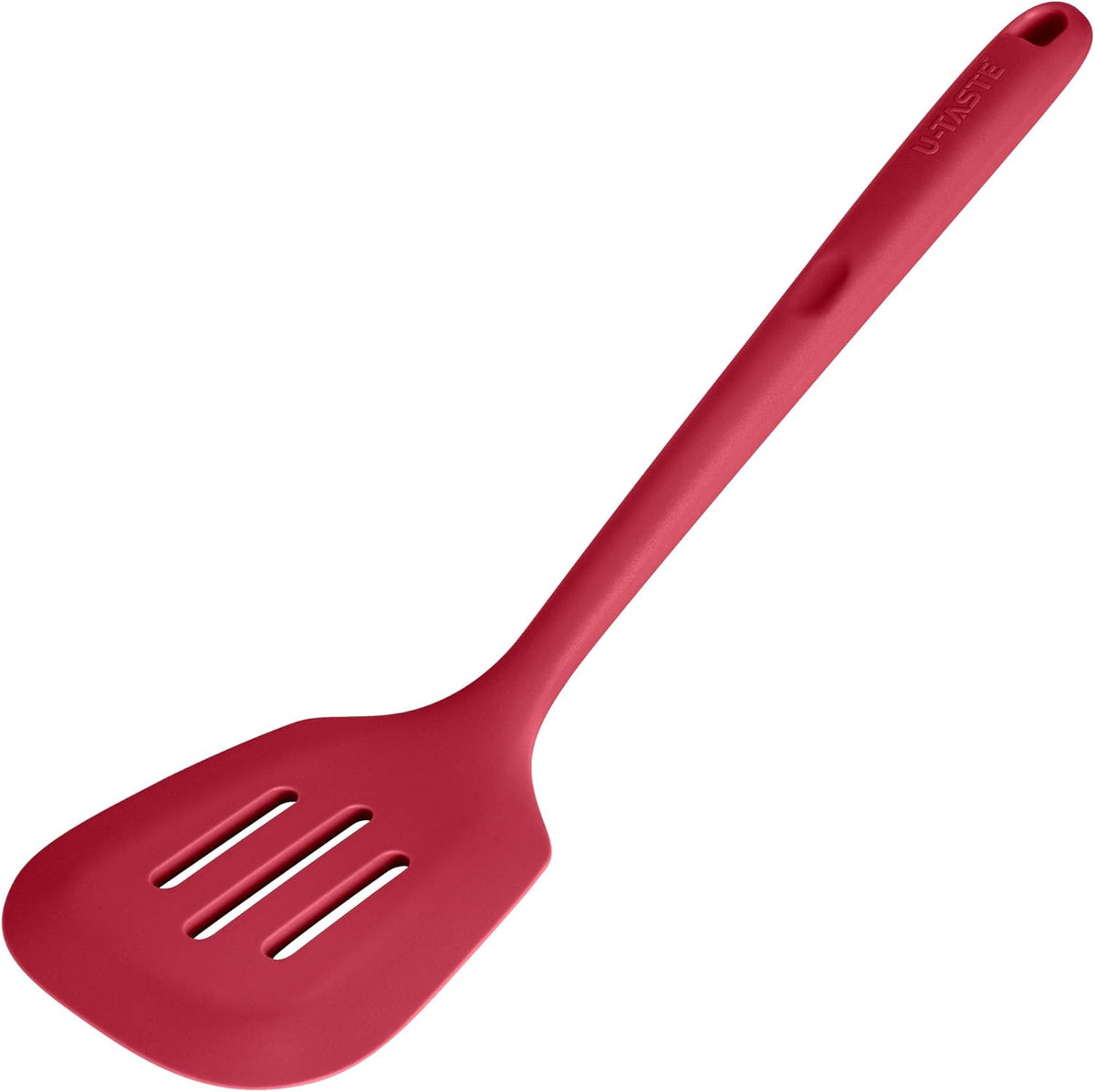 600ºF Heat Resistant Slotted Turner: U-Taste 13.6in Silicone Kitchen Spatula Flipper, 3.74in Wide Food Grade Flexible Thin Rubber Cooking Utensil for Egg, Pancake, Cookie in Nonstick Cookware (Red)