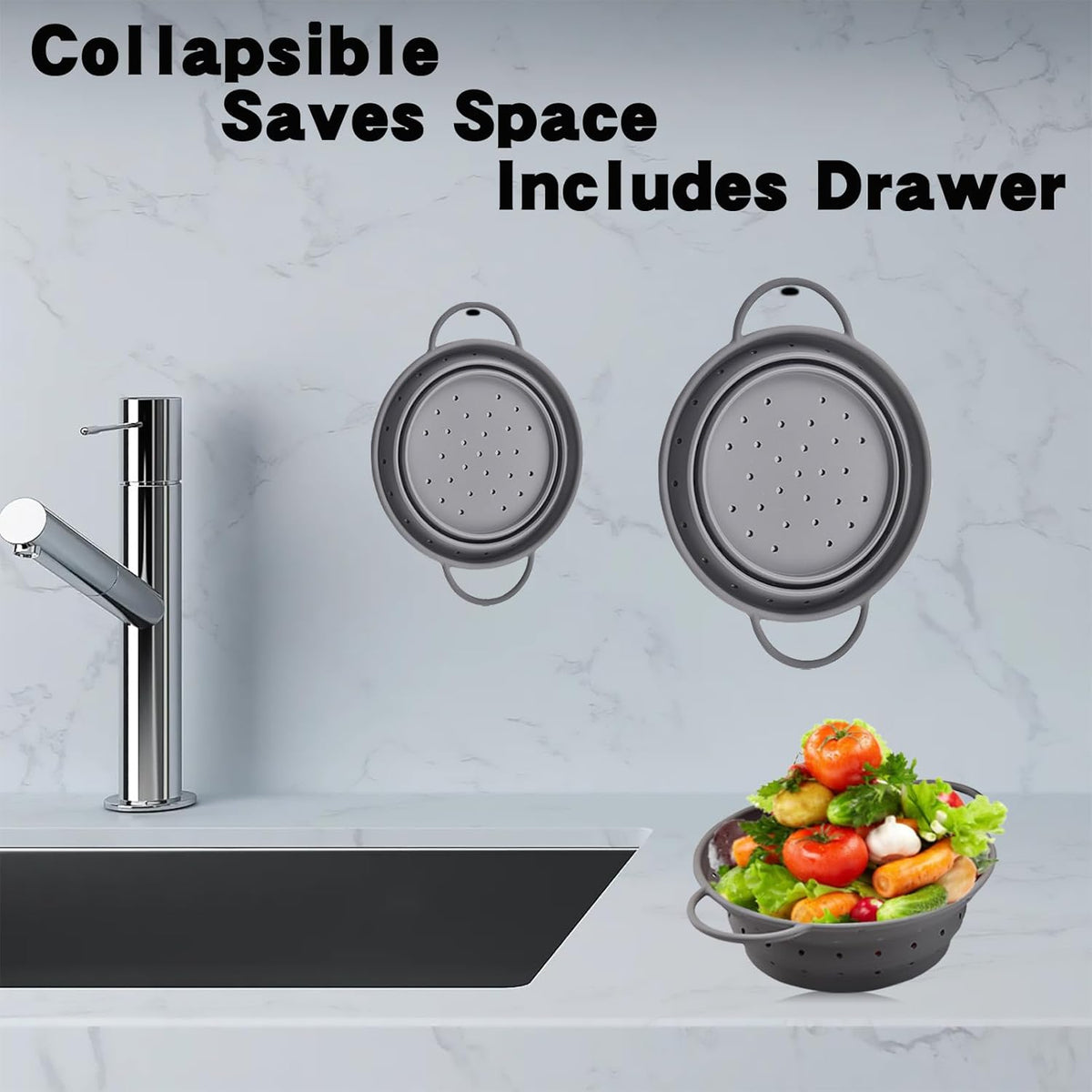 Silicone Collapsible Colander with Handle, Kitchen Colander for Easy Storage,Four-side Fast Draining Silicone Draining Basket, Perfect for Fruits Vegetables (Gray L+M)