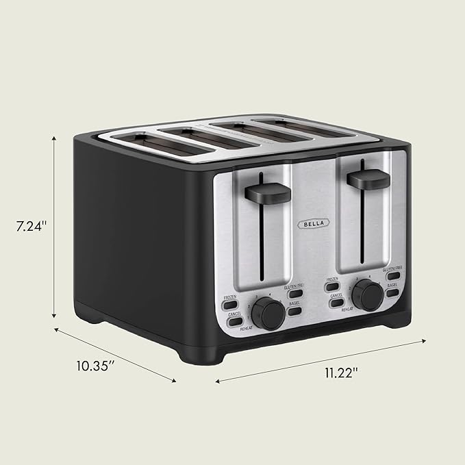 bella 4 Slice Toaster with Auto Shut Off, Extra Wide Slots & Removable Crumb Tray and Cancel, Defrost & Reheat Function, Toast Bread & Bagel, Black