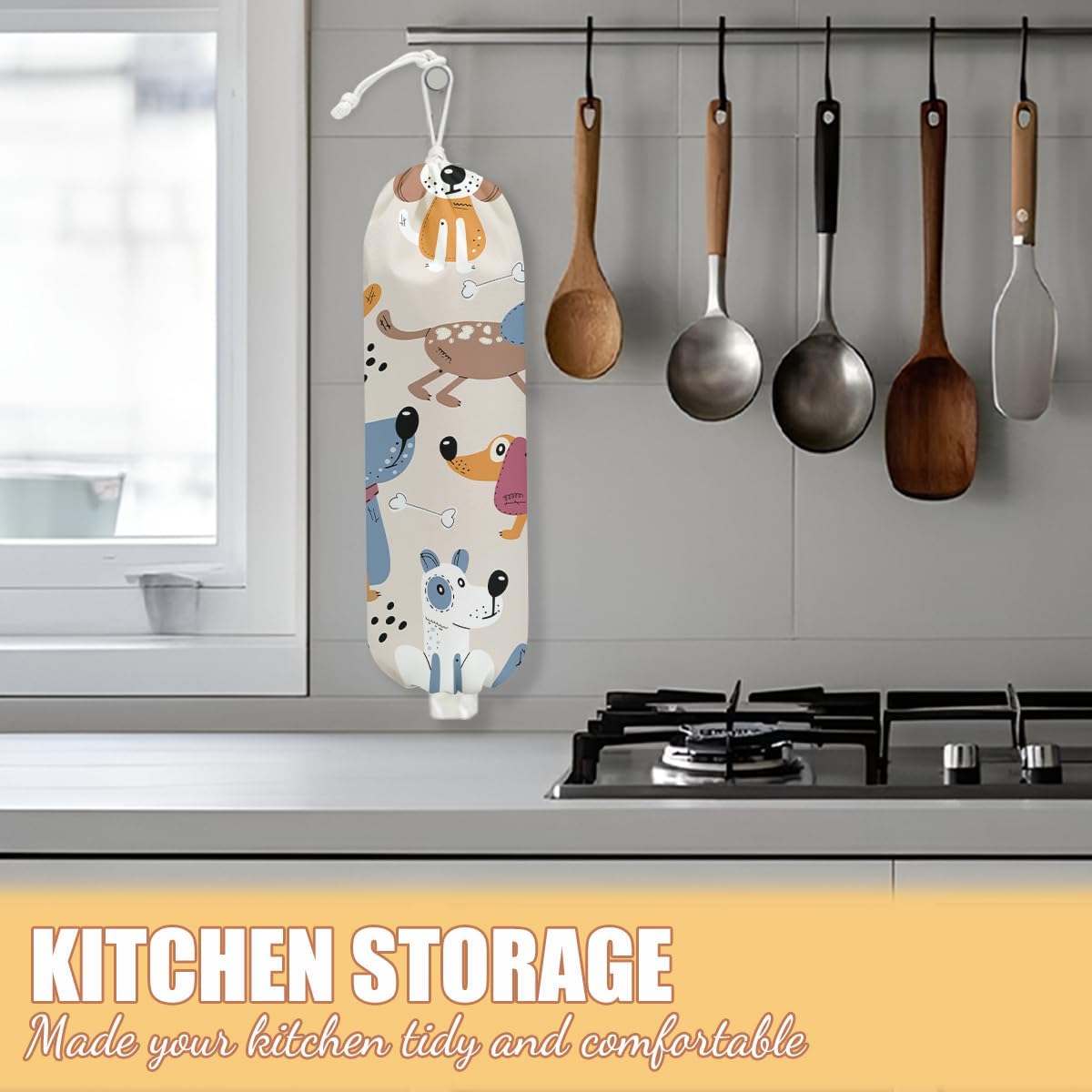 Dog Plastic Bag Holder, Wall Mount Grocery Bag Holder, Plastic Storage bag, Pull Rope Free Adjustment, Plastic Bag Holders for Grocery Bags, Plastic Bag Dispenser for Home Kitchen, Dog Lover Gifts