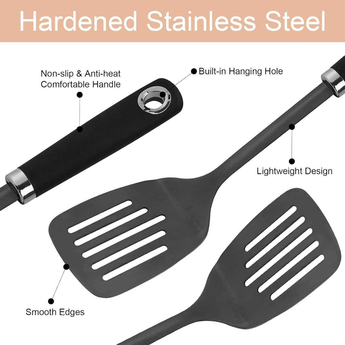 3-Piece Cooking Utensils Set Stainless Steel Large Serving Spoons Set Slotted Spoon Spatula Turner Skimmer Commercial and Residential Use Dishwasher Safe, Black