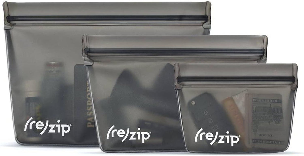 (re) zip 3-Piece Stand-Up Reusable Bag Kit | BPA-Free, Food Grade, Leakproof, Travel Friendly, Freezer and Dishwasher Safe | Quart (1), 2-Cup (1), Snack Size (1) | Solid Gray