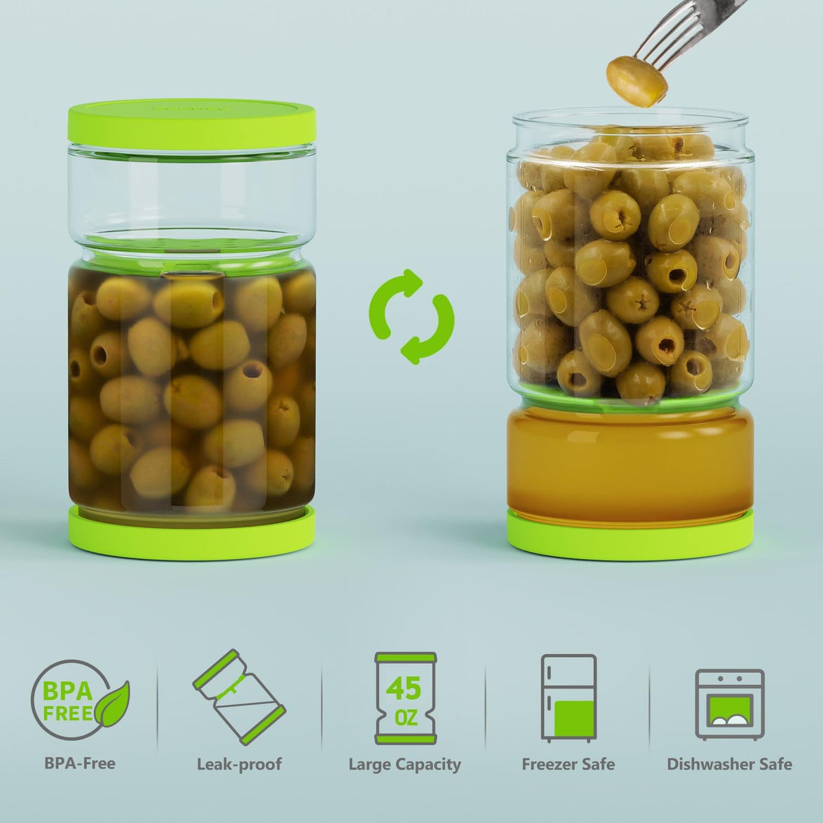 Glass Pickle Jar with Strainer Flip for Pickle Lover - 45 oz Leakproof Airtight Juice Separator for Olive, Gherkin or Chilli, BPA Free, Dishwasher and Refrigerator Safe (Green, 45 oz*1 pack)