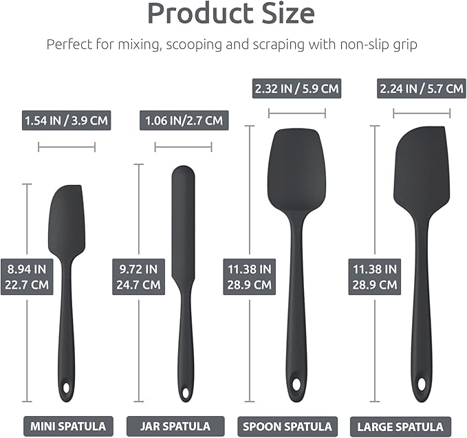 Heat Resistant Silicone Spatula Set: U-Taste 600ºF High Temp Seamless Food Grade Utensil, Flexible Rubber Silicon Kitchen Cooking Mixing Baking Scraper for Nonstick Cookware Set of 4 (Black)