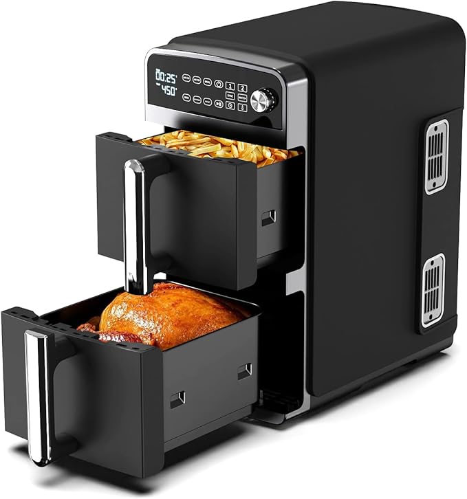 12QT Dual Layer Air Fryer Oven, 6QT×2 Capacity, Vertical 2-Basket Design, 7-in-1 Function with Broil, Roast, Bake, Reheat, Dehydrate, and Air Fry, Family Size, BPA-Free