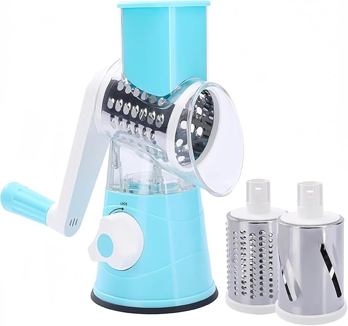 Rotary 3-in-1 Grater for Kitchen - Stainless Steel Cheese Grater with Turn Handle (Blue)