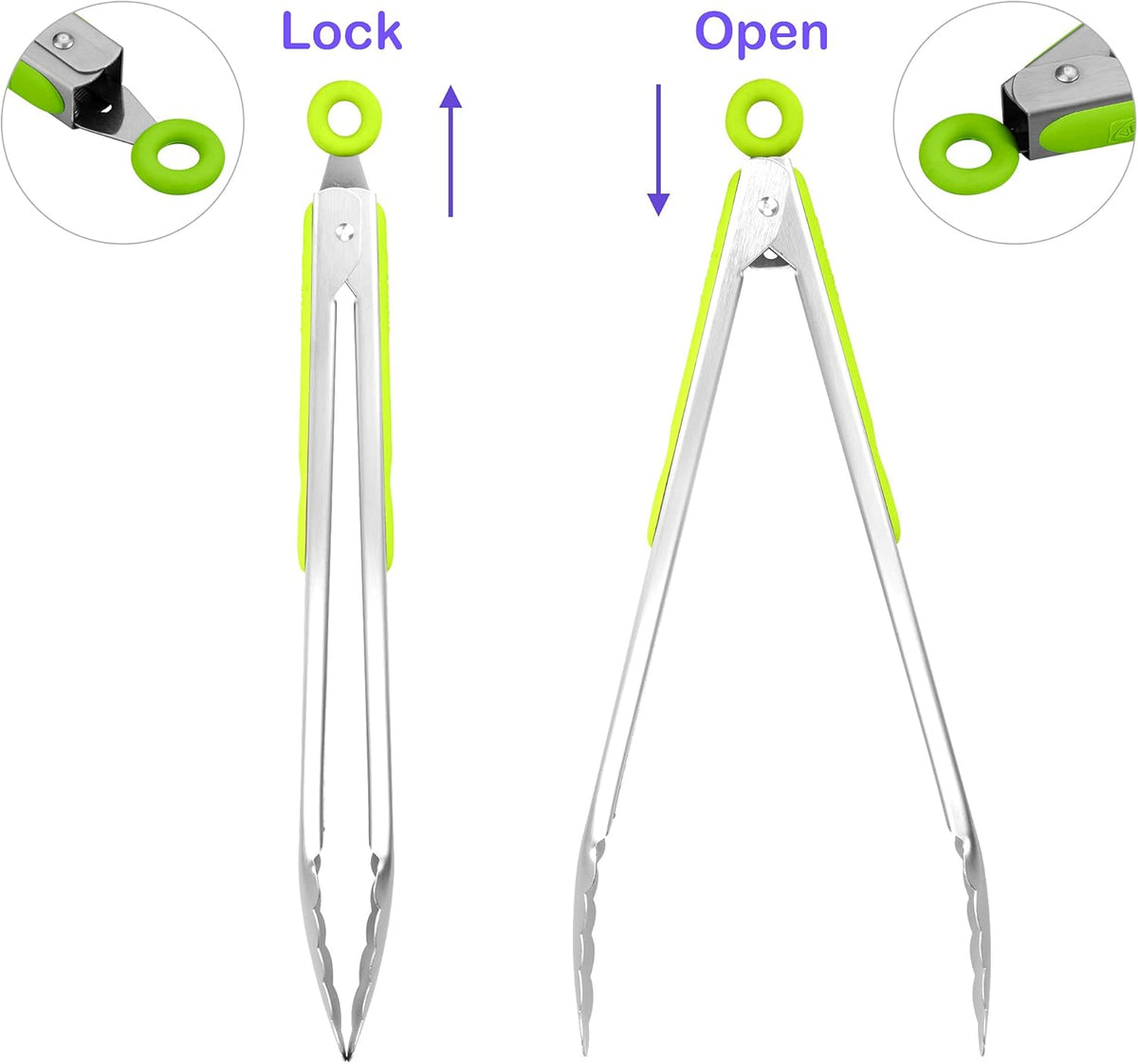 304 Stainless Steel Kitchen Cooking Tongs, 12" and 14" Set of 2 Sturdy Grilling Barbeque Brushed Locking Food Tongs with Ergonomic Grip, Green