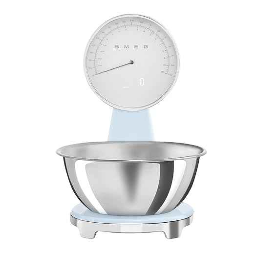 SMEG Retro-Style Analog & Digital Kitchen Scale, 11 lb Capacity, Rechargeable Battery, Backlit LCD Display, Stainless Steel Bowl (Pastel Blue)