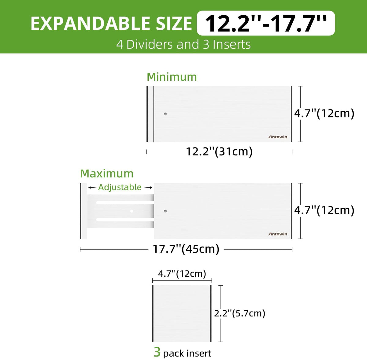 ANTOWIN 4 Pack Expandable Drawer Dividers, 4.7'' High, Extend from 12.2'' to 17.7'', Dresser Drawer Organizers, Bamboo Separators for Kitchen, Bedroom, Office, Bathroom (White)