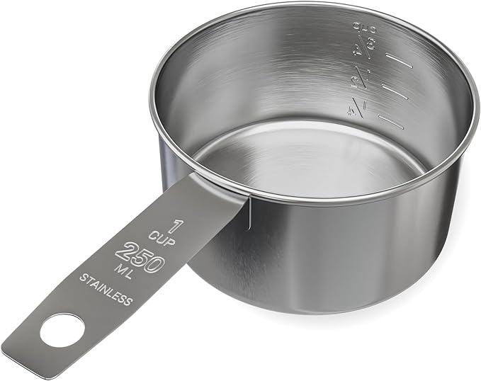 1 Cup Stainless Steel Measuring Cup | Sturdy Metal 250 ml | 240 cc | 8 oz | Single Cup for Wet and Dry Ingredients | Great for use as 1 Cup Dog Food Scoop - 1 PK