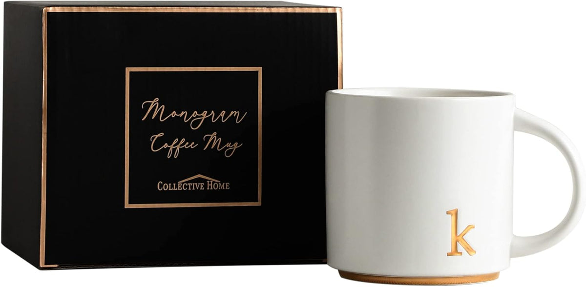 COLLECTIVE HOME - Monogram Ceramic Mugs, 15 oz Golden Initial Coffee Cups, Elegant Alphabet Tea Mugs, Elegant Personalized Mug with Gift Box, Luxurious Cups for Office and Home (k)