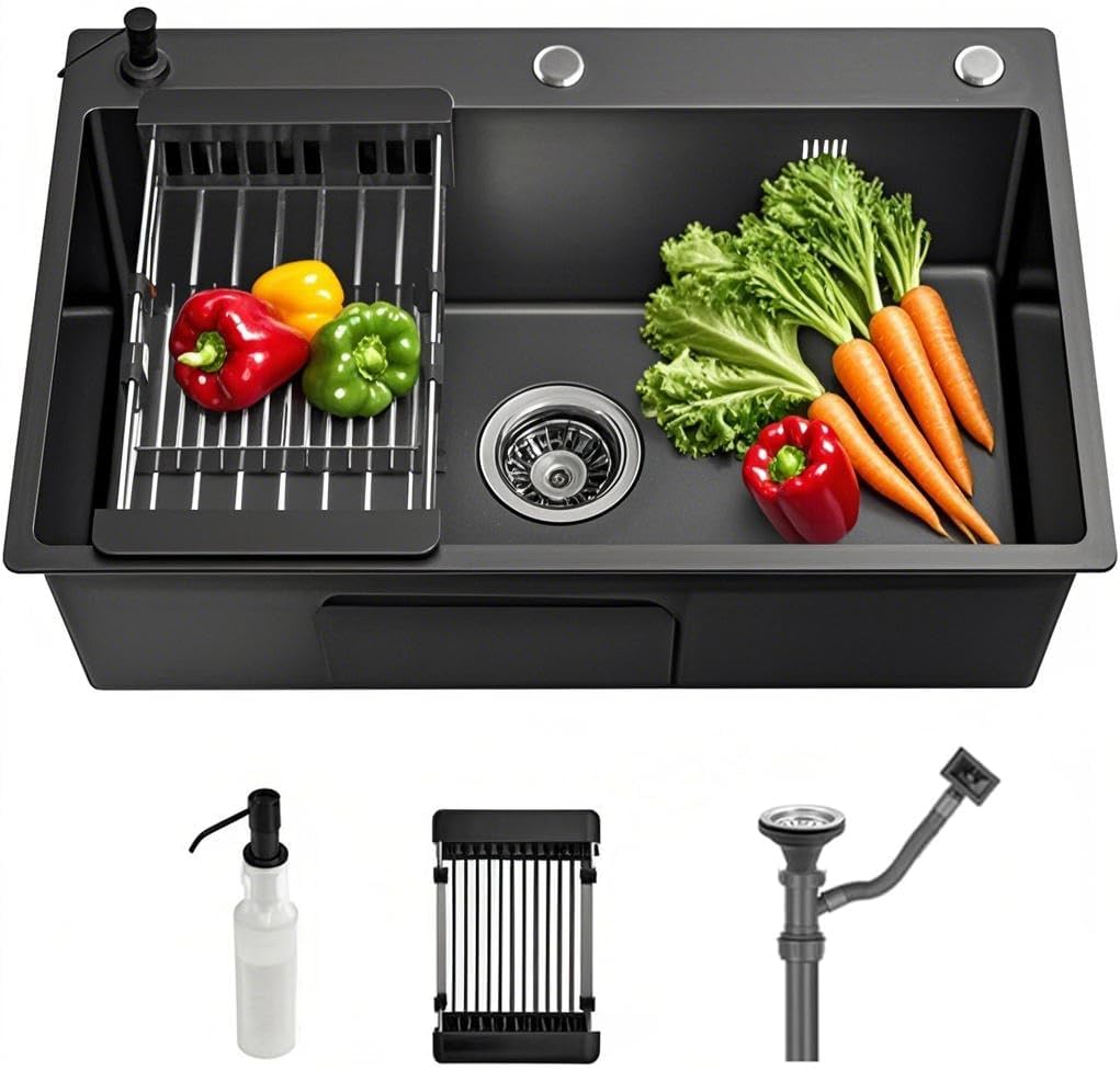 Drop In Kitchen Sink Workstation, Nano Stainless Steel Topmount Bar Single Bowl Sink Combo-Soap Dispenser, Drain Basket, Drain Strainer Set for Modern Kitchen Sink (19.7 * 17.7 * 7.9in)
