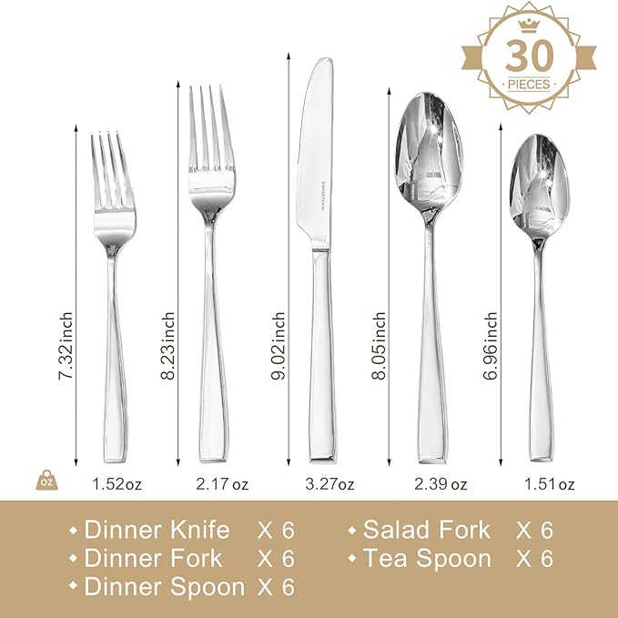 KINGSTONE Mirror Polish Silverware Set for 6, 30-Piece 18/10 Stainless Steel Flatware Set, Dishwasher Safe Cutlery Set for Wedding, Home, Restaurant, Knives Spoons and Forks Set