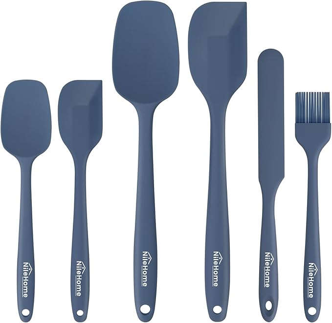NileHome Silicone Spatula Set, 6 Packs Food Grade Kitchen Utensils with Silicone Brush Heat Resistant BPA-free Rubber Spatula for Scraping, Baking, Cooking, Mixing, Haze blue