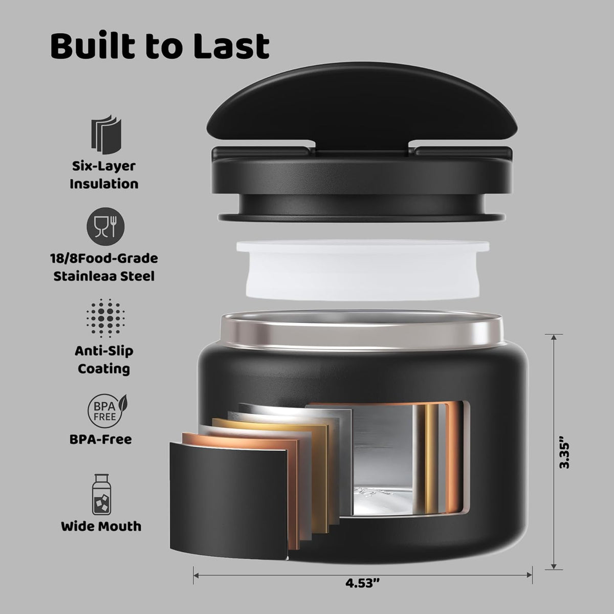 14.5oz Soup Thermo for Hot Food Kids Vacuum Insulated Food Jar Twist-Free Soup Thermo for Hot Food Kids Leakproof Stainless Steel Wide Mouth Lunch Container (Black)