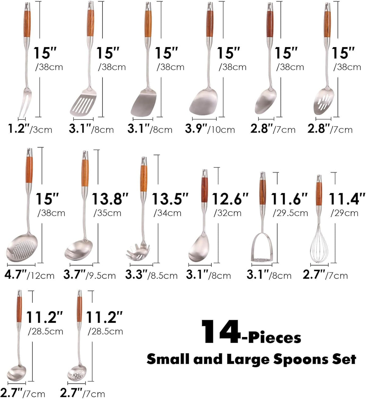 18/10 Stainless Steel Kitchen Utensils Set with Wooden Handle - 14 PCS Metal Cooking Tools & Serving Utensil, Large and Small Spoons Set - Whisk, Masher, Fork, Spatula, Turner, Ladle, Skimmer, Pasta