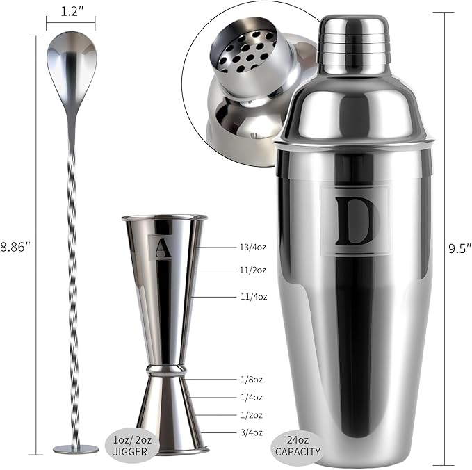 24oz Cocktail Shaker Set with 1 oz 2oz Jigger - Monogramm Initials Martini Shaker Set - 304 Stainless Steel Bar Shaker for Margarita,Mojito-Personalized Gift for Friend,Husband -L