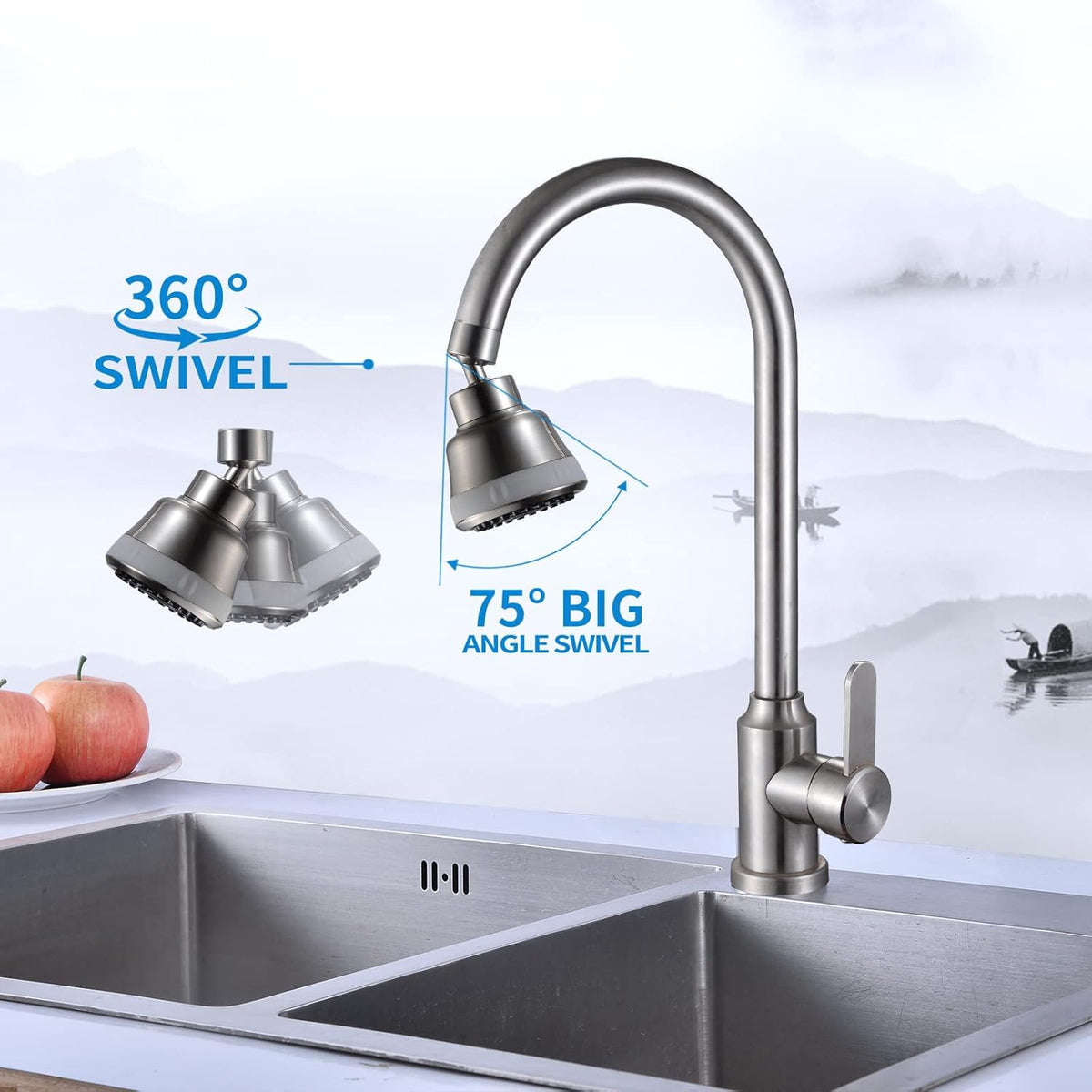 4 Spray Modes Faucet Aerator,360 Degree Faucet Sprayer Attachment,Big Angle Kitchen Faucet Aerator,Swivel Faucet Extender,Sink Sprayer Attachment for faucet,55/64 inch Female Thread (Brushed Nickel)
